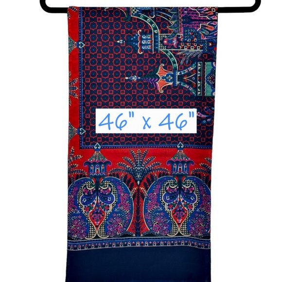 Vintage Square Blue & Red Scarf Shawl Head Cover 46 x 46" Fringed Oriental Vibes - Picture 2 of 5